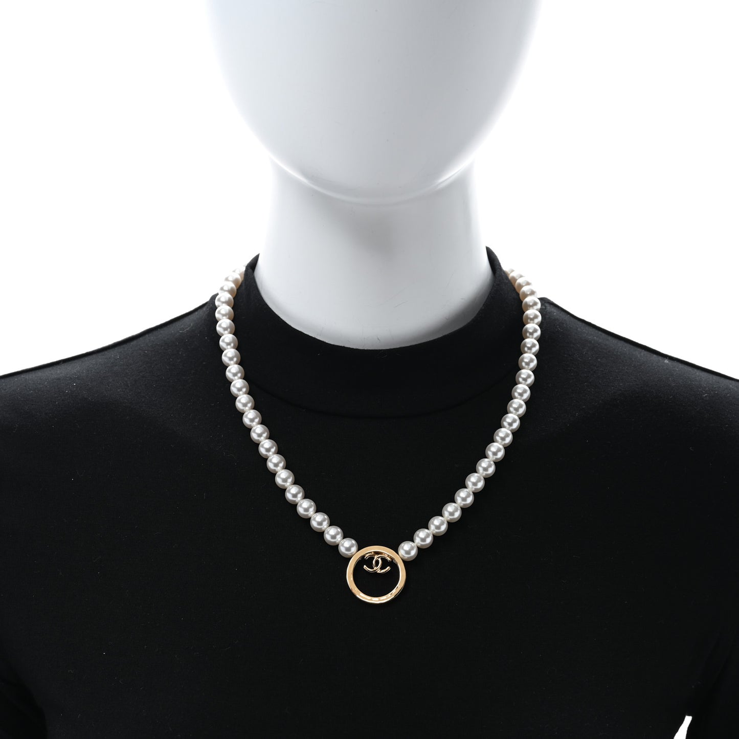 Pearl CC Round Long Necklace Gold White
