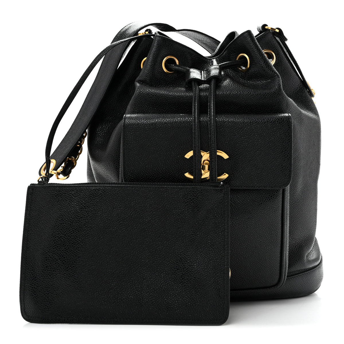 Caviar CC Drawstring Shoulder Bag Black