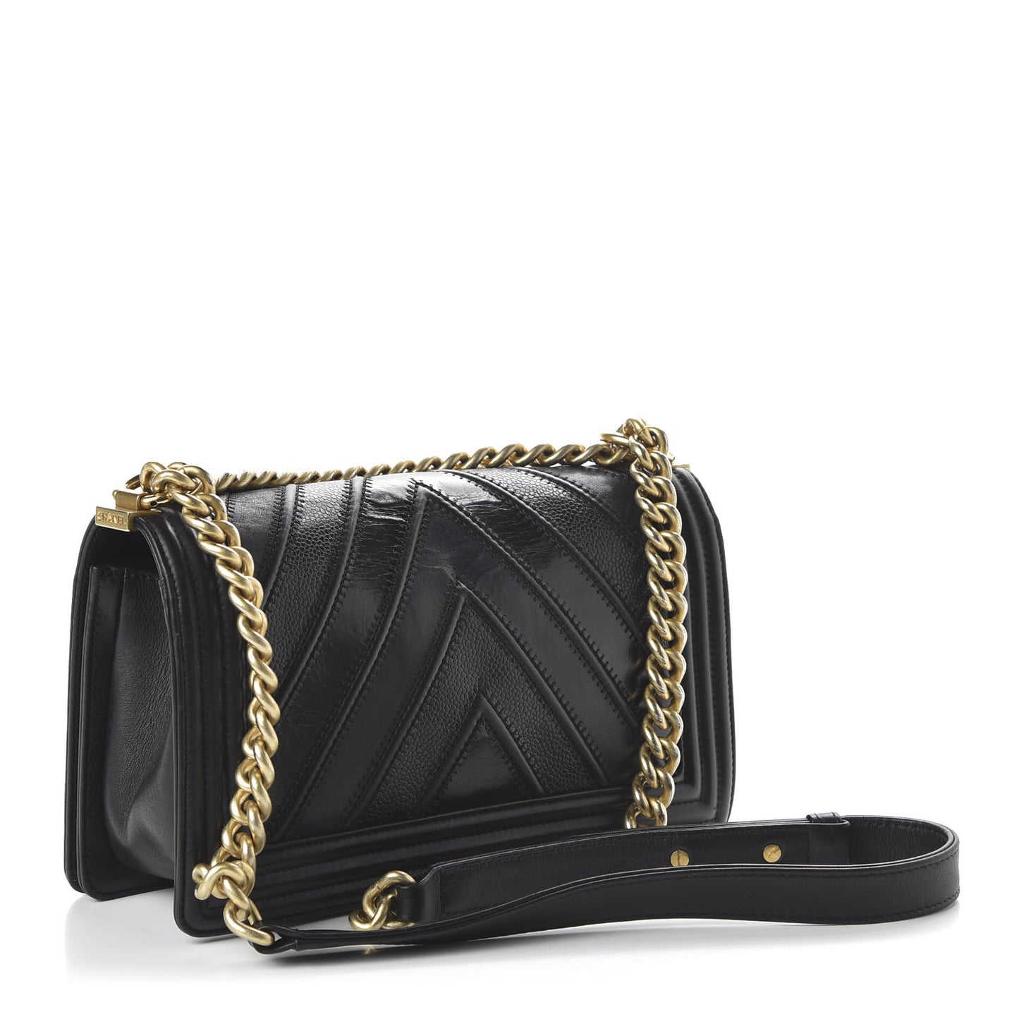 Caviar Glazed Calfskin Chevron Medium Boy Flap Black