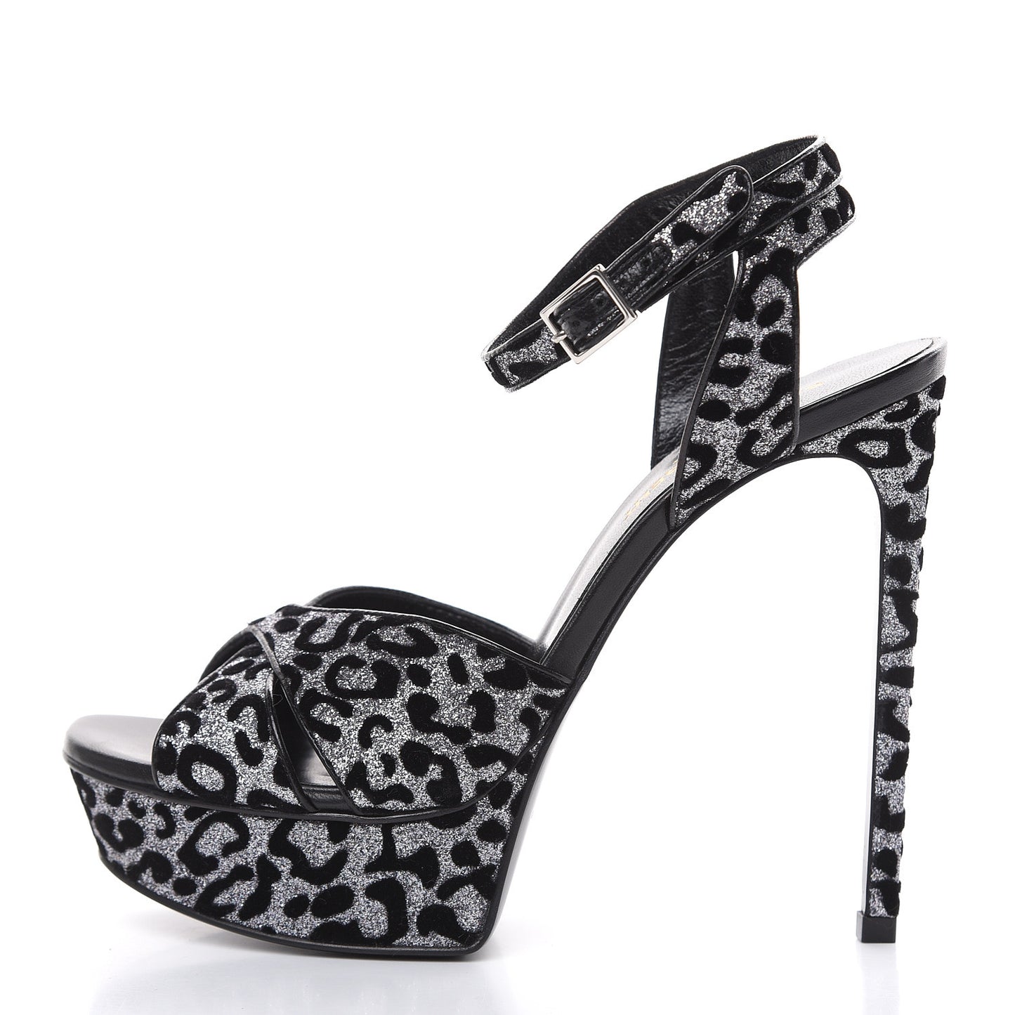 Velvet Glitter Leopard Print Platform Sandals 37.5 Argento Black