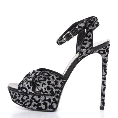 Saint Laurent Velvet Glitter Leopard Print Platform Sandals 37.5 Argento Black 1 of 9