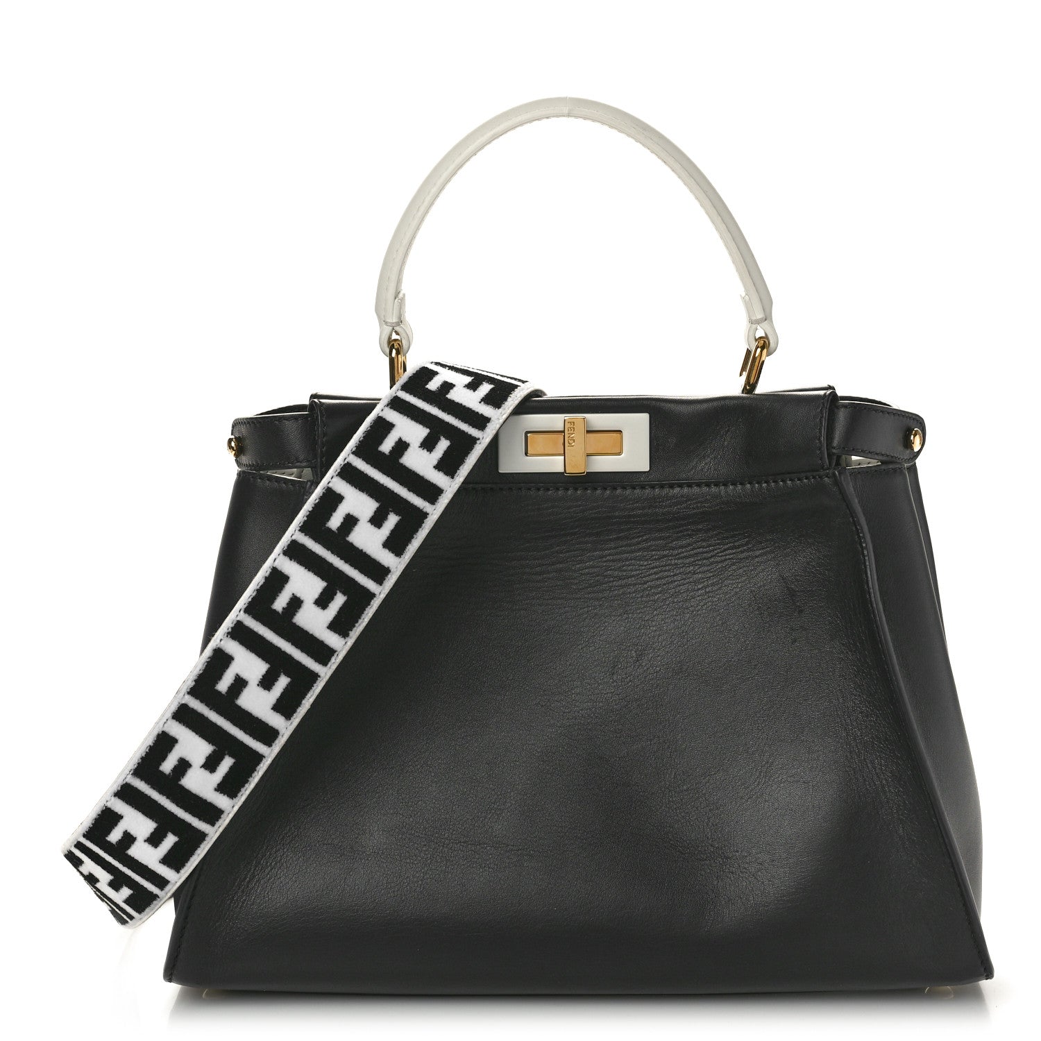 Fendi Vitello Century Velvet F is Fendi FF Medium Peekaboo Iconic Satchel Black White 1 of 12