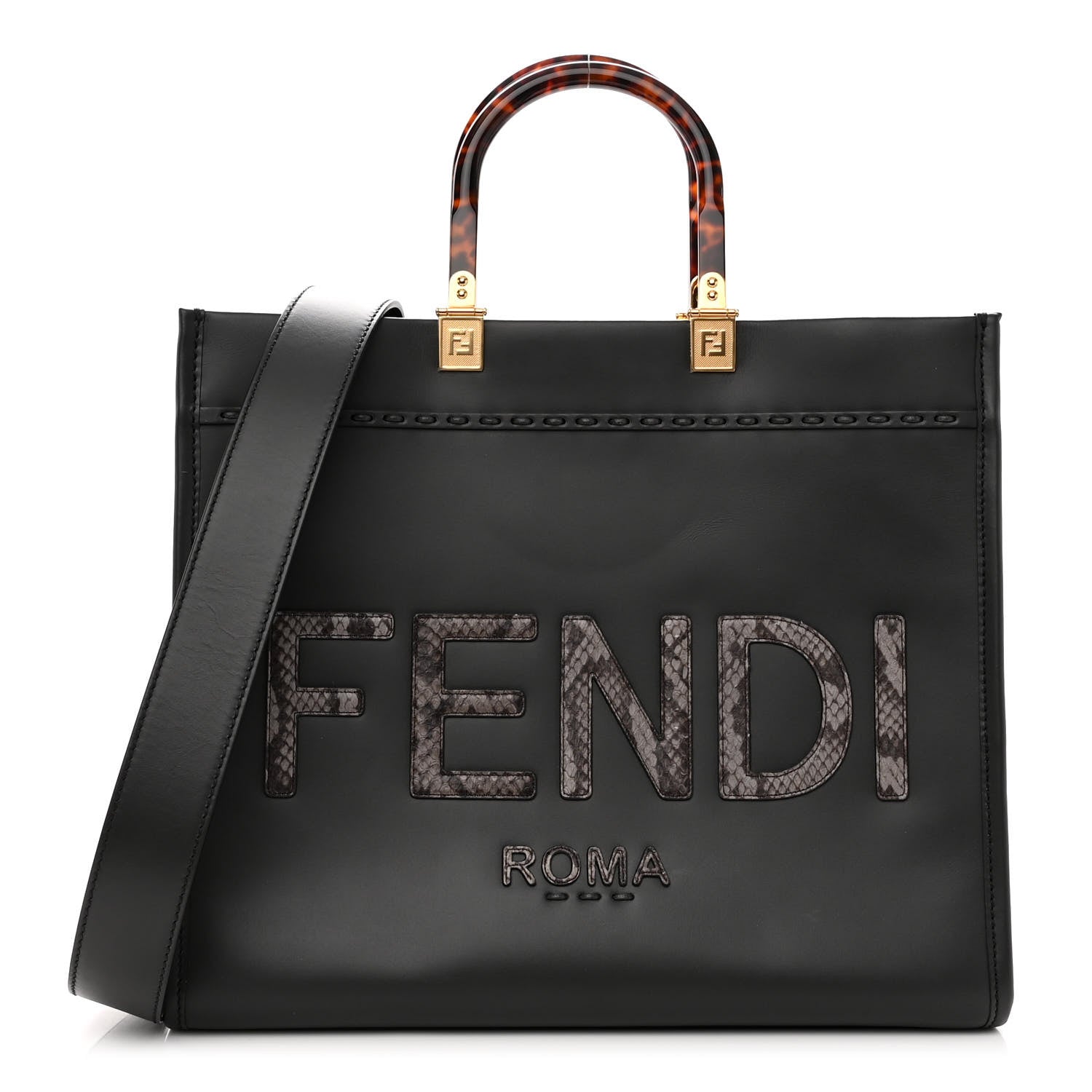 Fendi Vitello King Plexiglass Elaphe Python Print Logo Medium Fendi Sunshine Shopper Tote Dark Asphalt 1 of 9