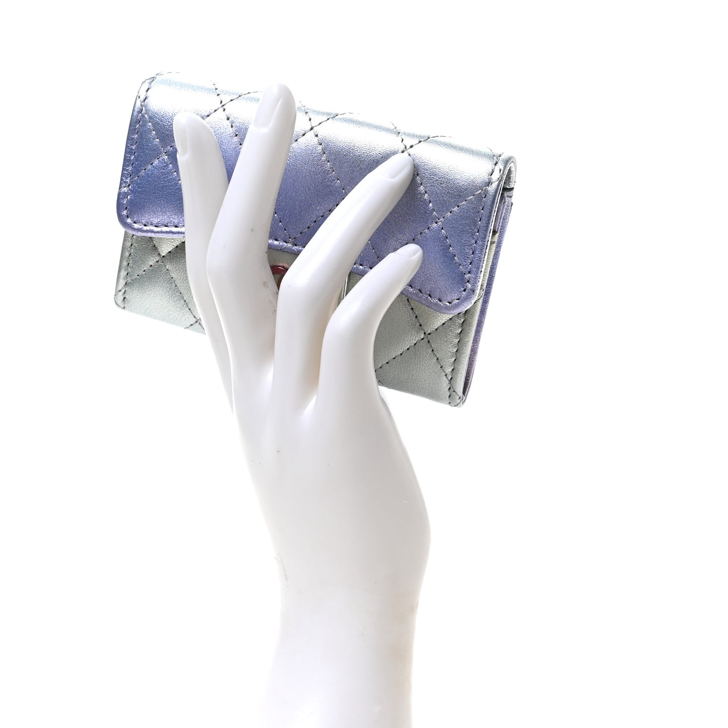 Gradient Metallic Calfskin Quilted Flap Card Holder Wallet Silver Blue Yellow Purple