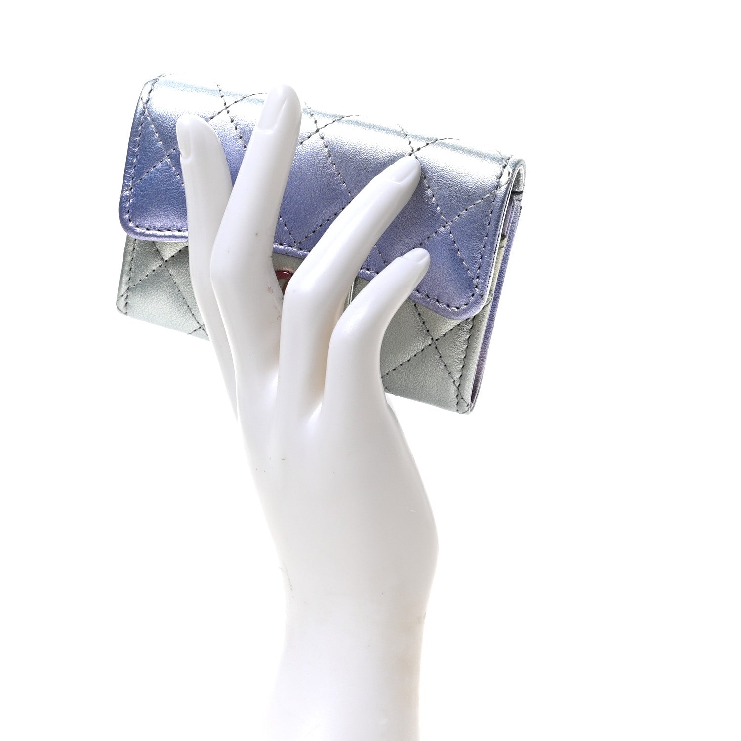 Chanel Gradient Metallic Calfskin Quilted Flap Card Holder Wallet Silver Blue Yellow Purple 2 of 8