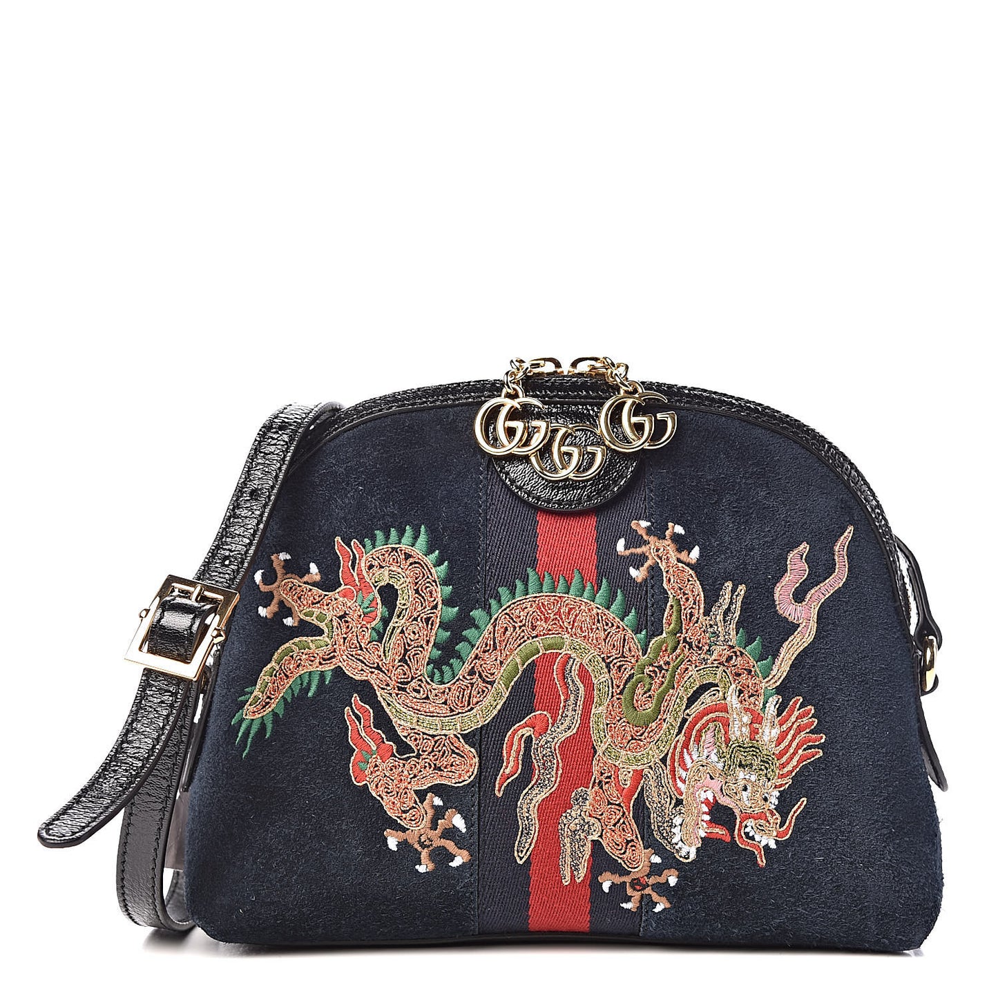 Suede Patent Dragon Embroidered Small Ophidia Dome Shoulder Bag Blue Multicolor Black