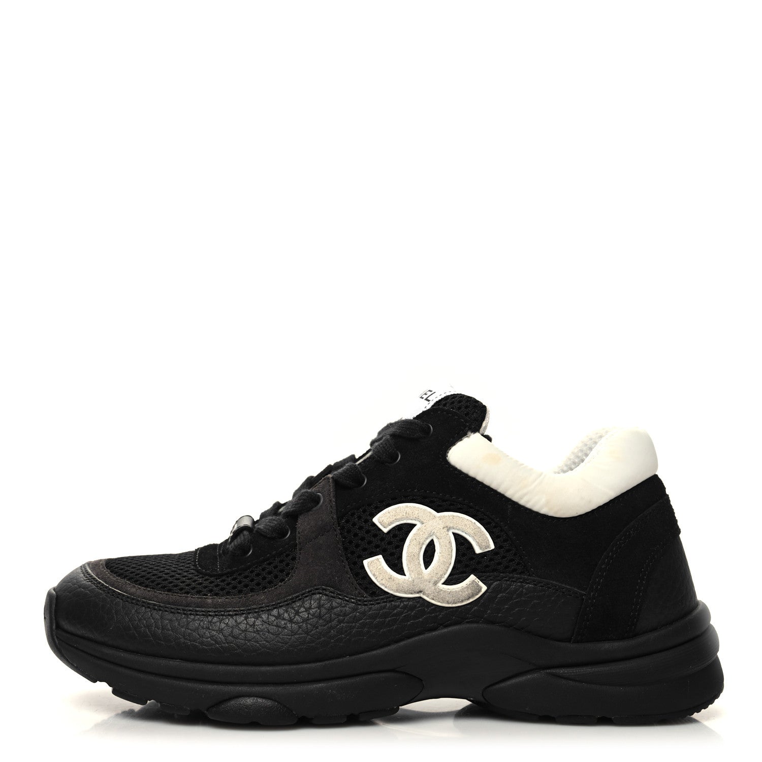 Chanel Mesh Suede Grained Calfskin Womens CC Sneakers 37 Black White 1 of 8