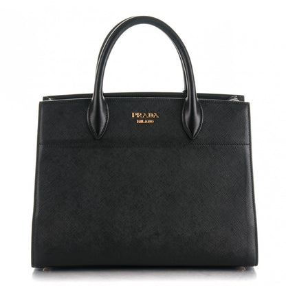 Prada Saffiano City Calfskin Medium Bibliothèque Top Handle Nero Black Bianco 1 of 8