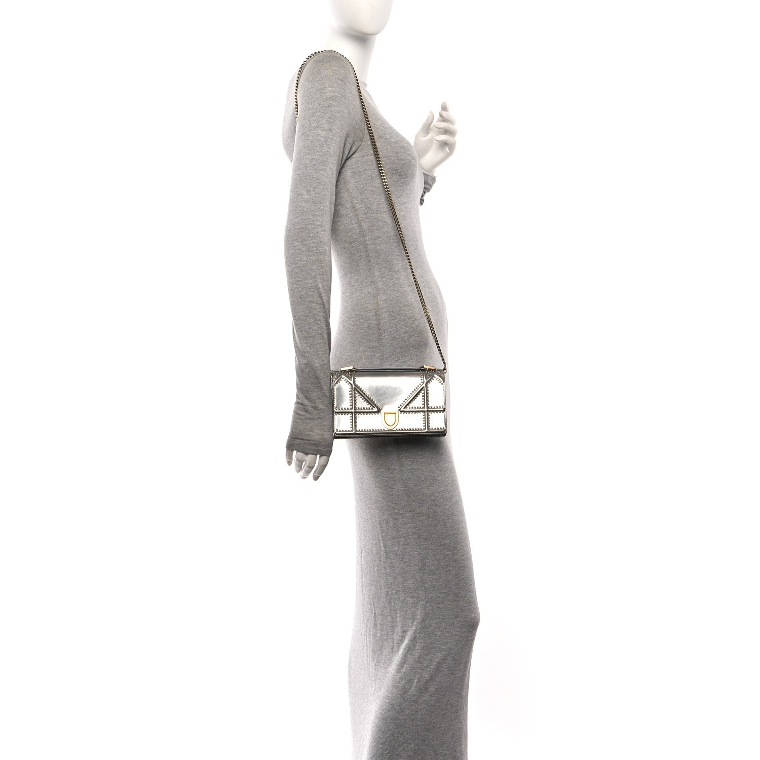 Christian Dior Metallic Patent Studded Diorama Top Handle Wallet on Chain Pouch Silver 2 of 11