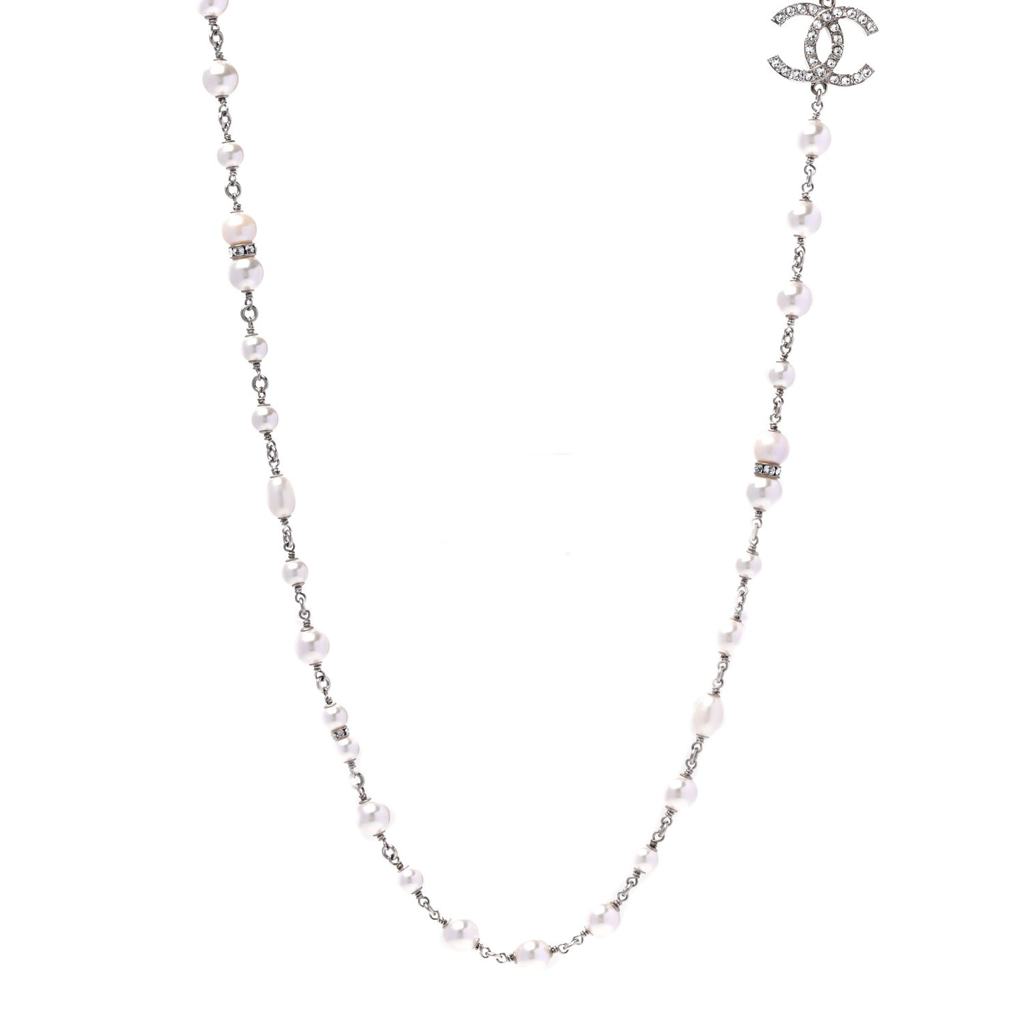 Metal Crystal Pearl CC Long Necklace Silver