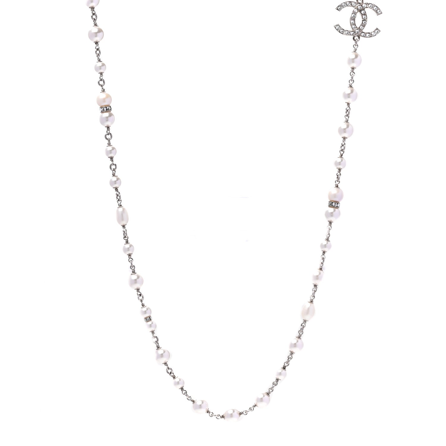 Chanel Metal Crystal Pearl CC Long Necklace Silver 1 of 5