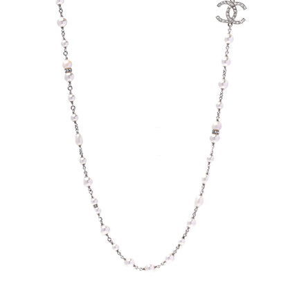 Chanel Metal Crystal Pearl CC Long Necklace Silver 1 of 5