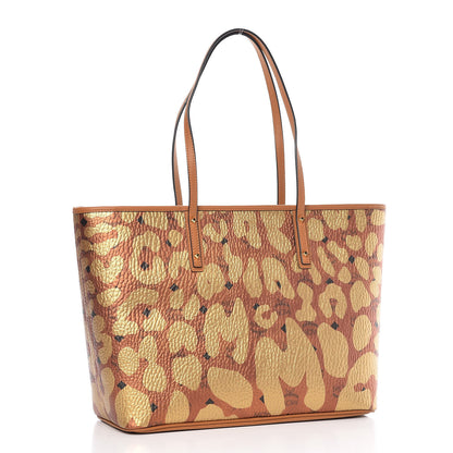 MCM Visetos Metallic Leopard Print Medium Anya Shopper Tote Cognac 4 of 14