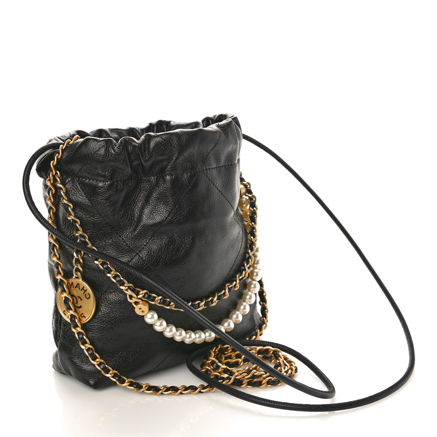 Shiny Crumpled Calfskin Quilted Pearl Mini Chanel 22 Black