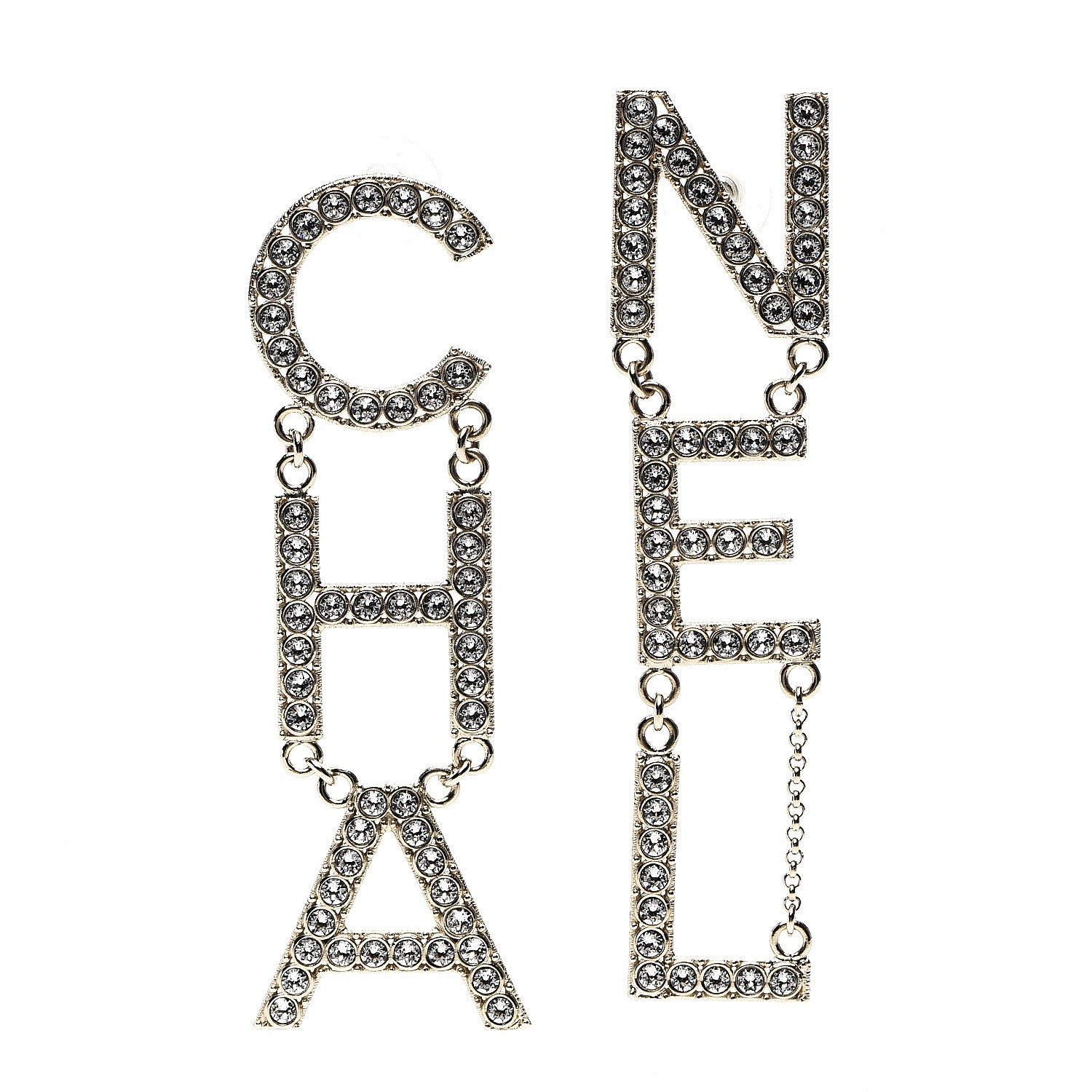 Chanel Crystal Cha-Nel Logo Drop Earrings Gold 1 of 5