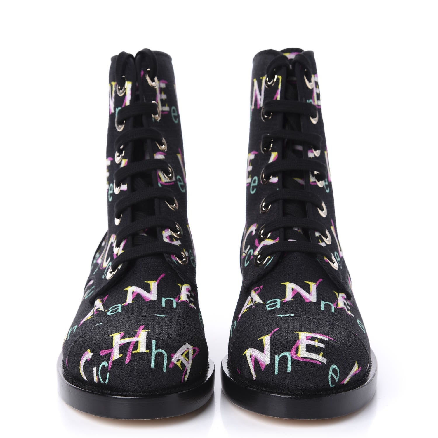 Chanel Tweed Lace Up Short Boots 35 Black Ecru Green Red 2 of 10