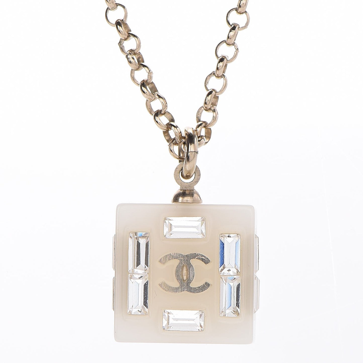 Resin Baguette Crystal Geometric Square CC Necklace White