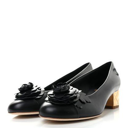 Chanel Calfskin Pearl Camellia Pumps 38.5 Black Gold 3 of 9