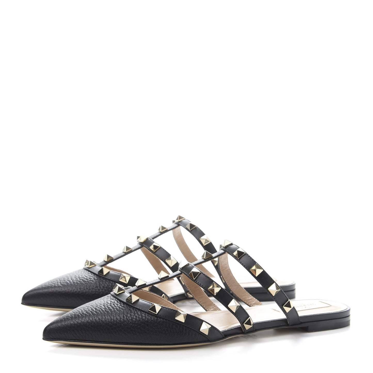 Pebbled Calfskin Rockstud Flat Cage Mules 37.5 Black