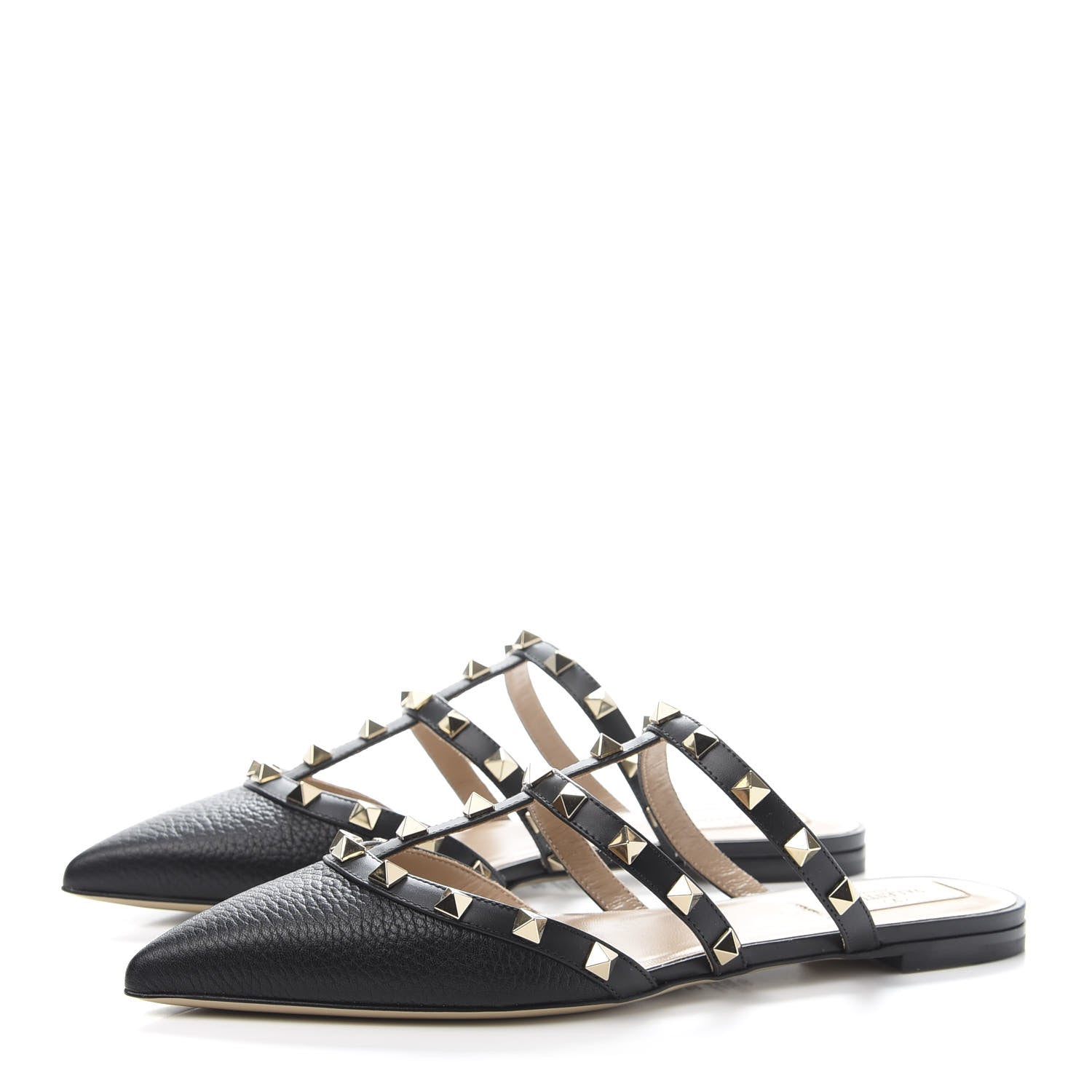 Valentino Garavani Pebbled Calfskin Rockstud Flat Cage Mules 37.5 Black 3 of 9
