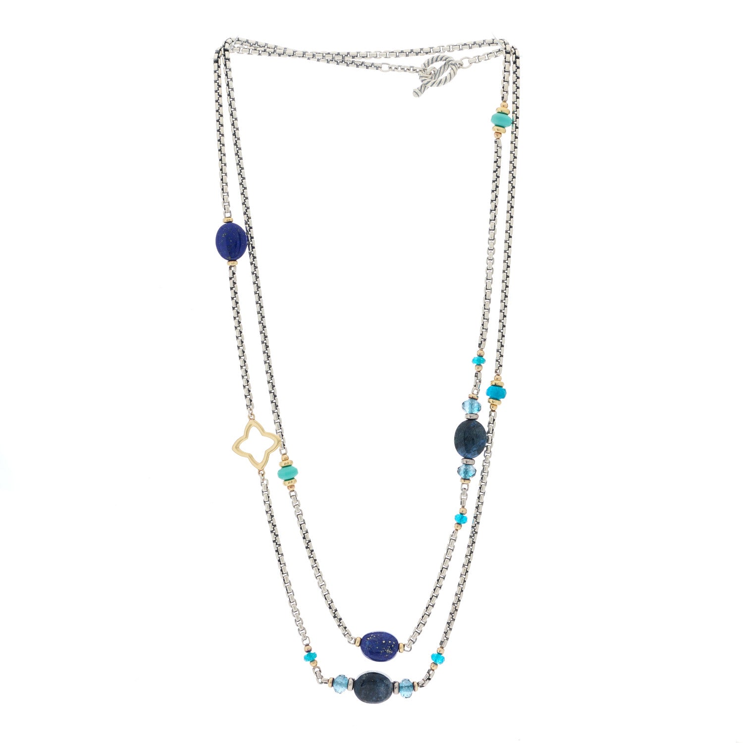David Yurman Sterling Silver 18K Yellow Gold Lapis Lazuli Sodalite Turquoise Blue Topaz Kyanite Quatrefoil Necklace 2 of 4