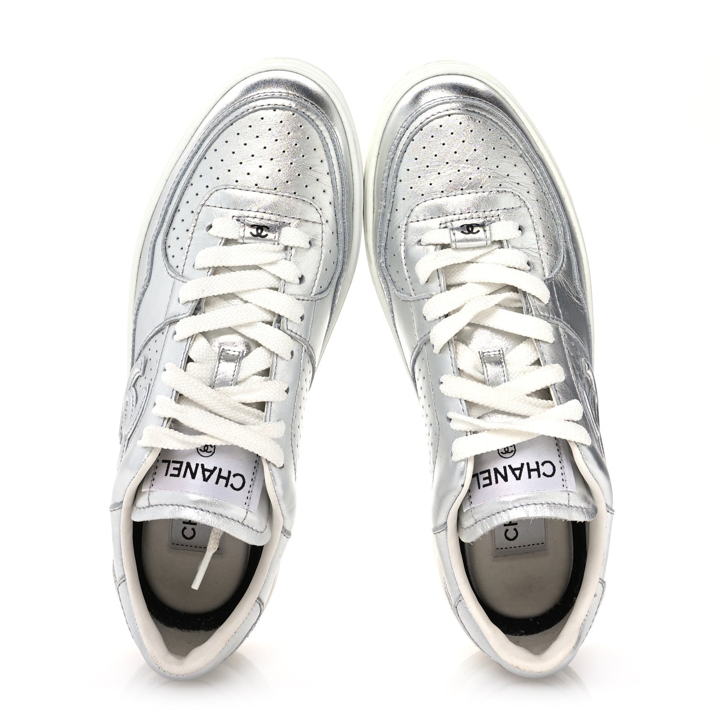 Laminated Calfskin CC Womens Sneakers 38.5 Silver
