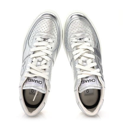Chanel Laminated Calfskin CC Womens Sneakers 38.5 Silver 2 of 9