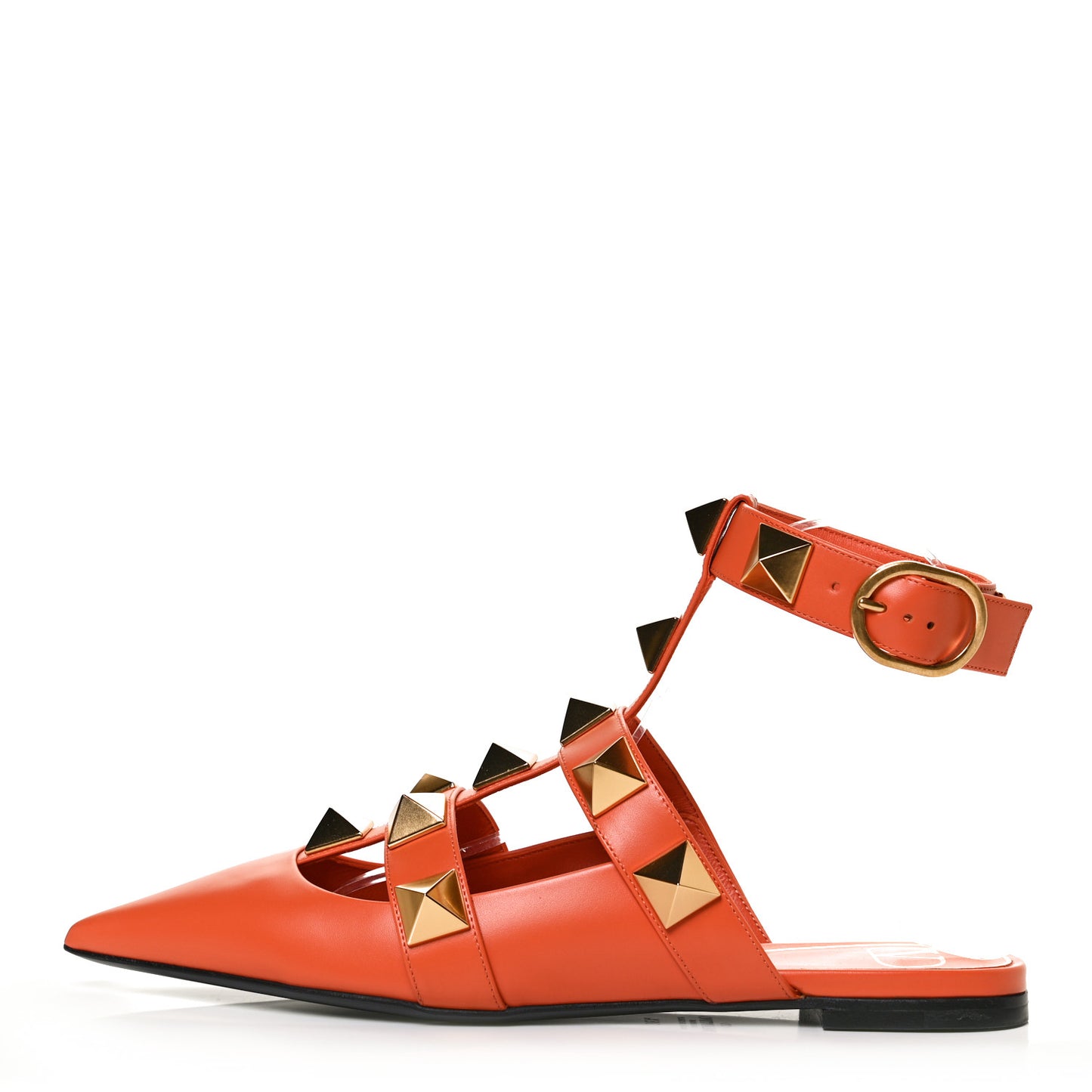 Calfskin Roman Stud Ankle Strap Flat Mules 38.5 Orange Zest