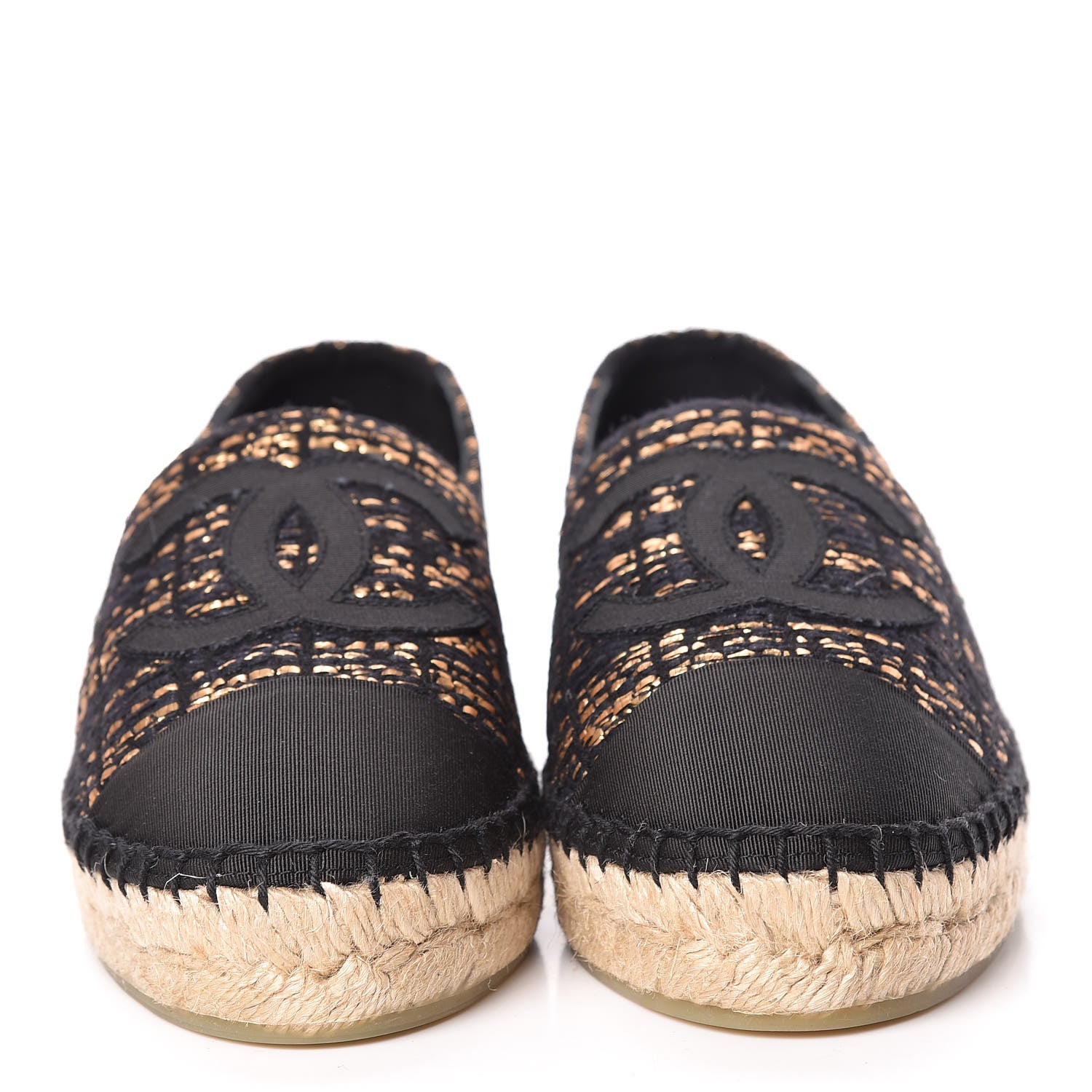 Chanel Metallic Tweed Grosgrain CC Espadrilles 37 Black Gold 2 of 10