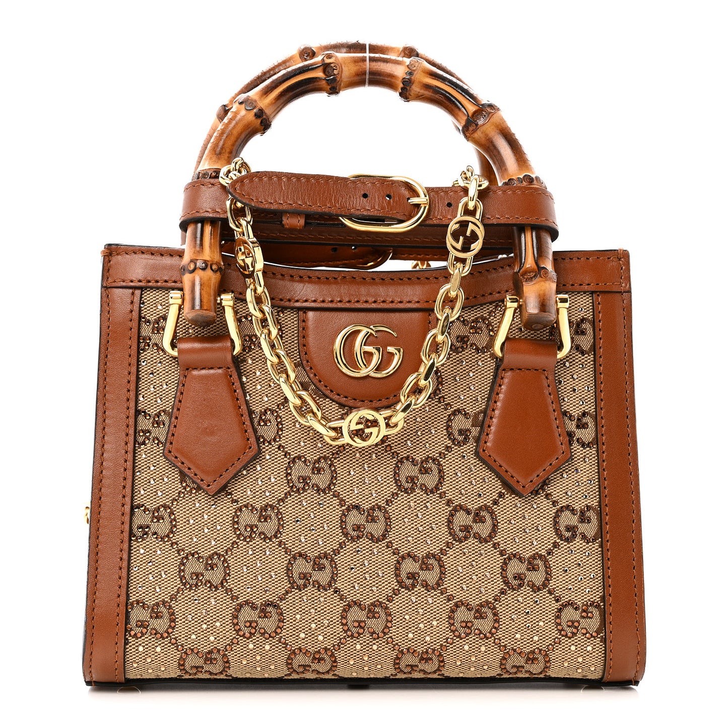 New Canvas Charisma Calfskin Crystal GG Monogram Mini Diana Tote Bag Camel Ebony