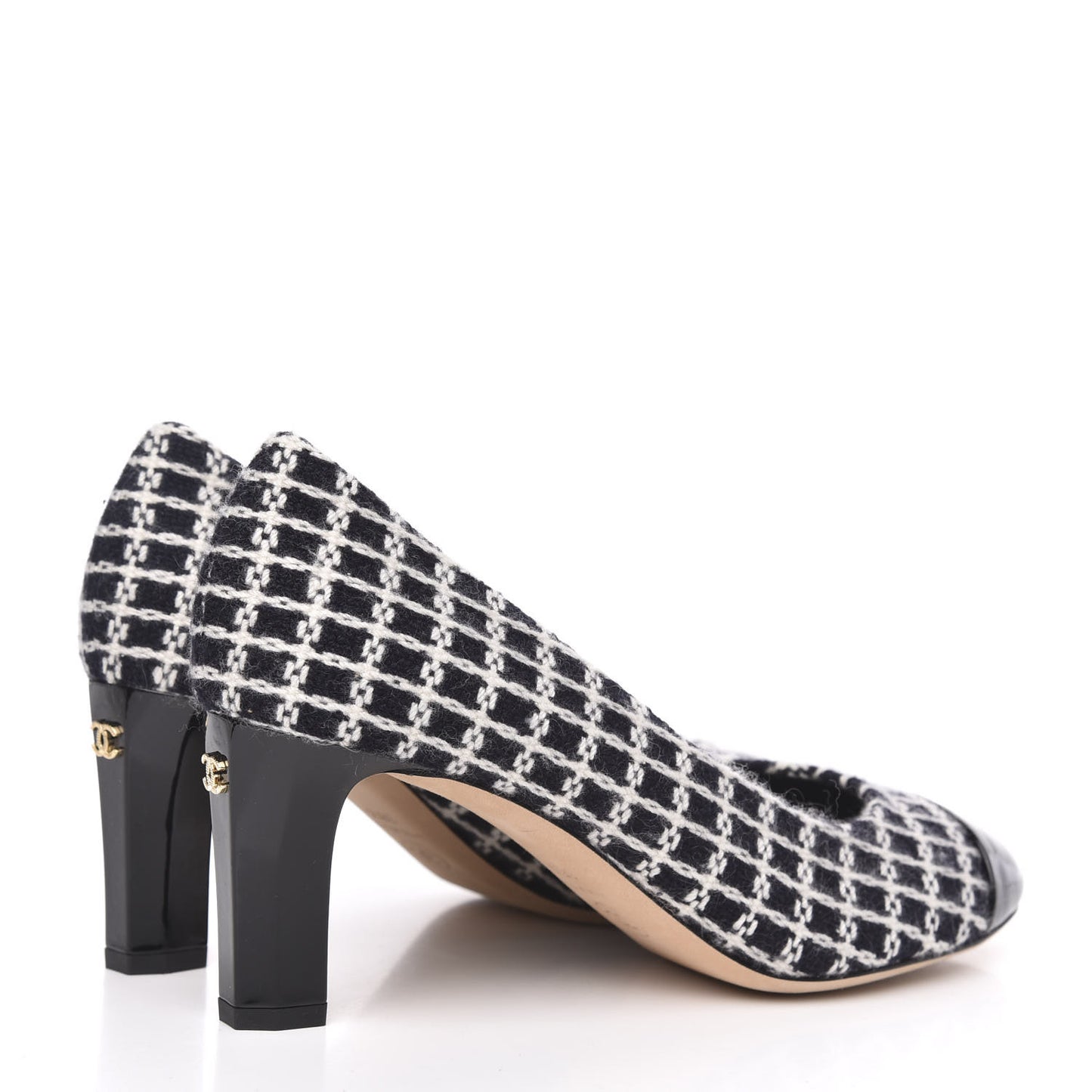Tweed Grosgrain Cap Toe Logo Pumps 38.5 Black White Blue Pink