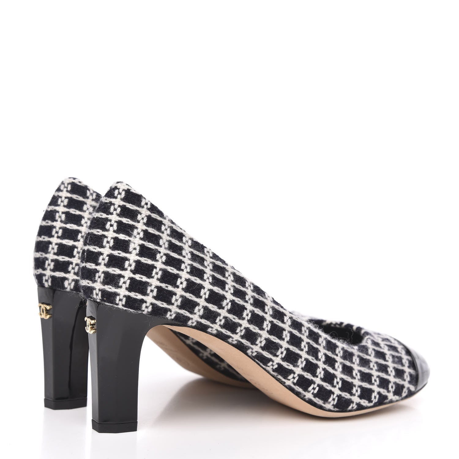 Chanel Tweed Grosgrain Cap Toe Logo Pumps 38.5 Black White Blue Pink 4 of 10
