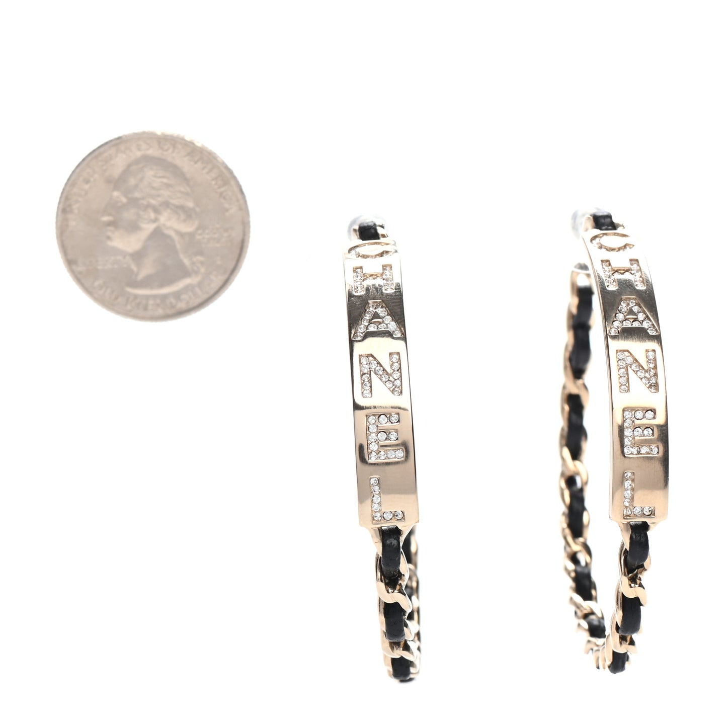 Metal Lambskin Crystal Sergeant Chanel Hoop Earrings Gold