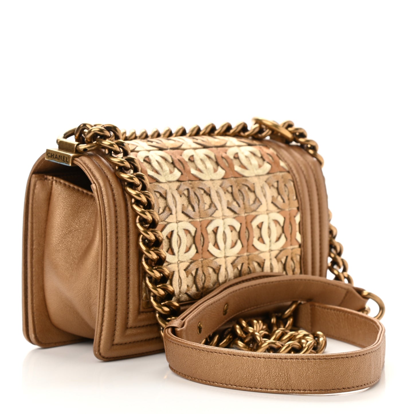 Metallic Lambskin Small Golden CC Boy Flap Dark Gold