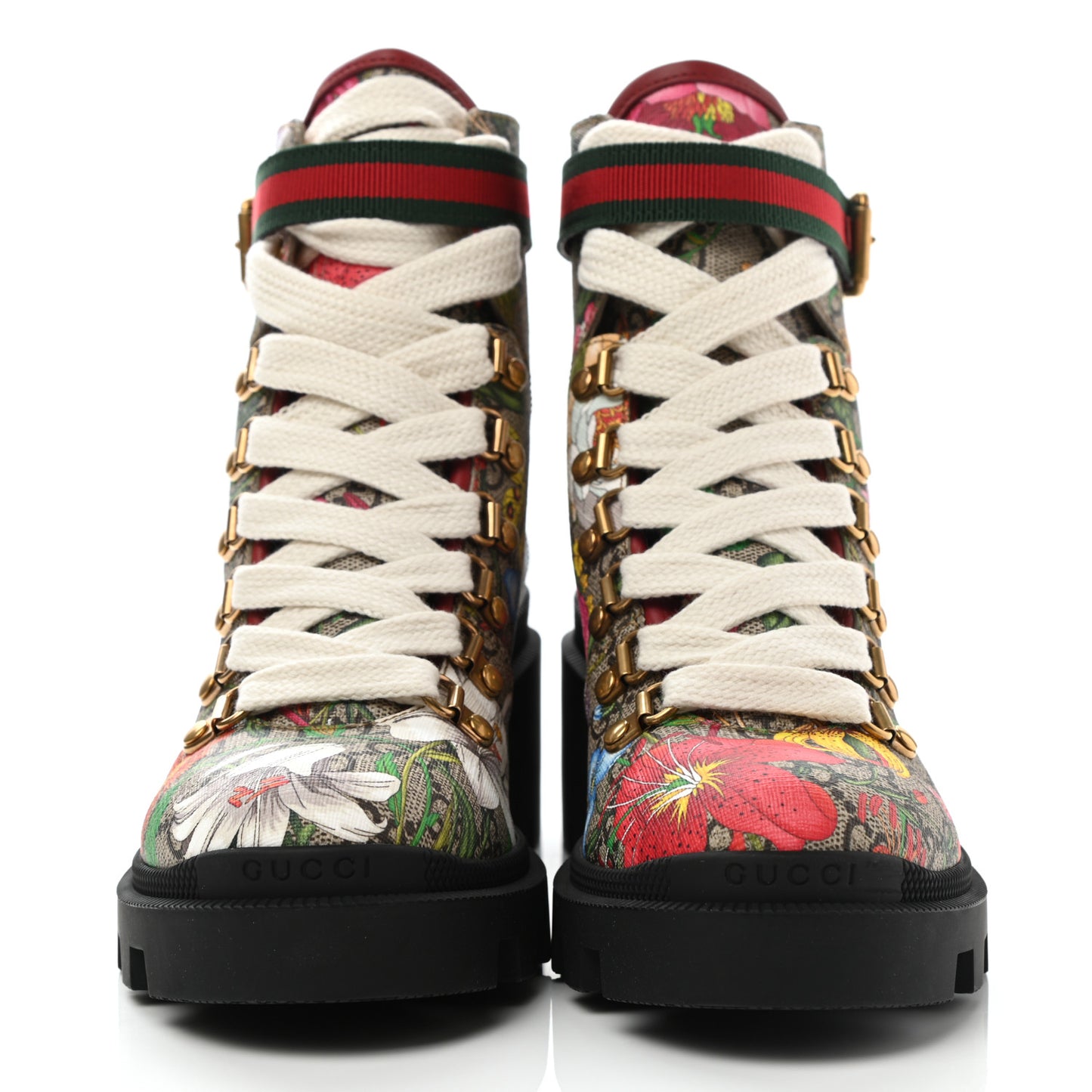 GG Supreme Monogram Flora Lace Up Combat Ankle Boots 36 Beige Multicolor Red