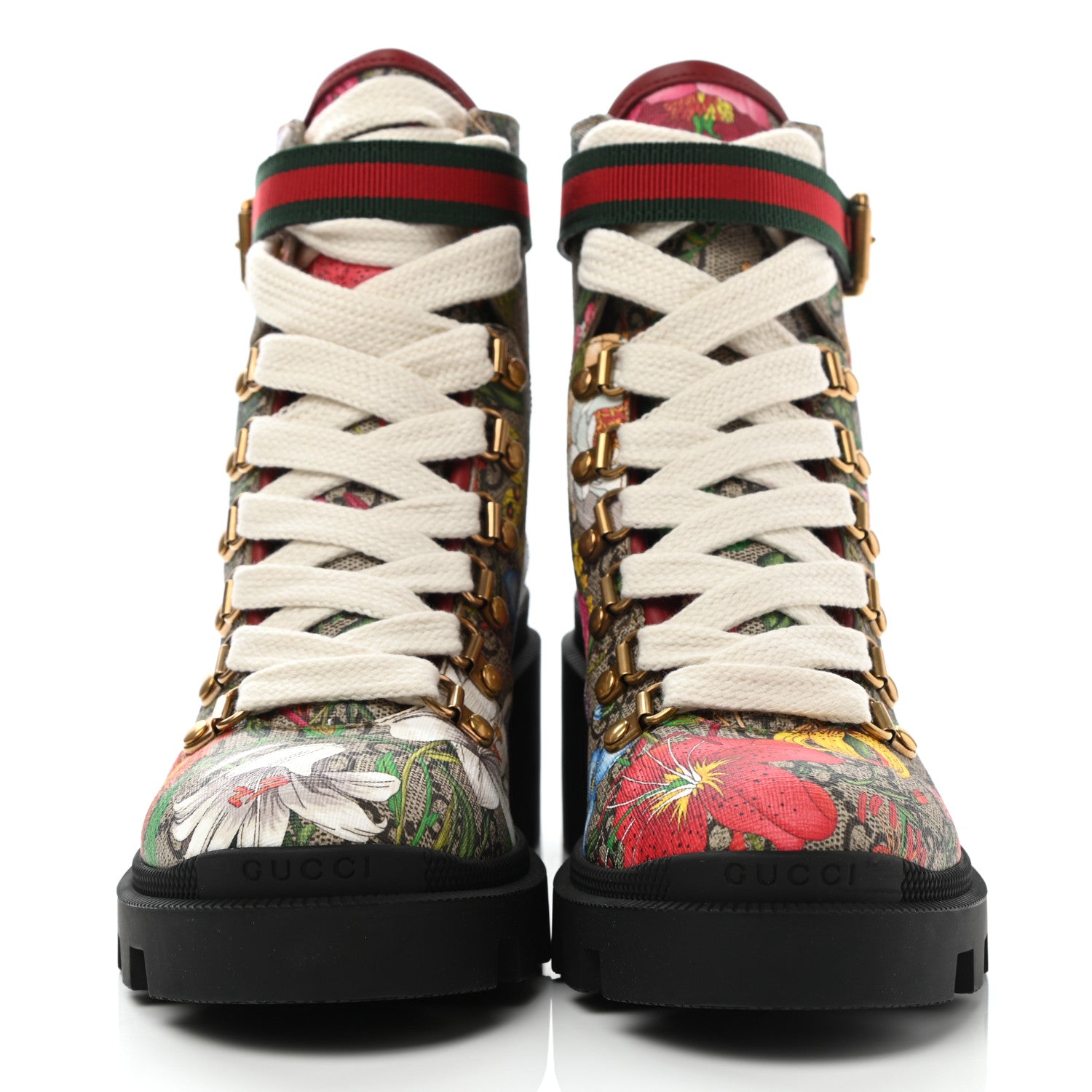Gucci GG Supreme Monogram Flora Lace Up Combat Ankle Boots 36 Beige Multicolor Red 2 of 9