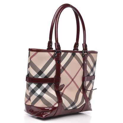 Burberry Patent Nova Check Medium Denham Tote Dark Red 3 of 11