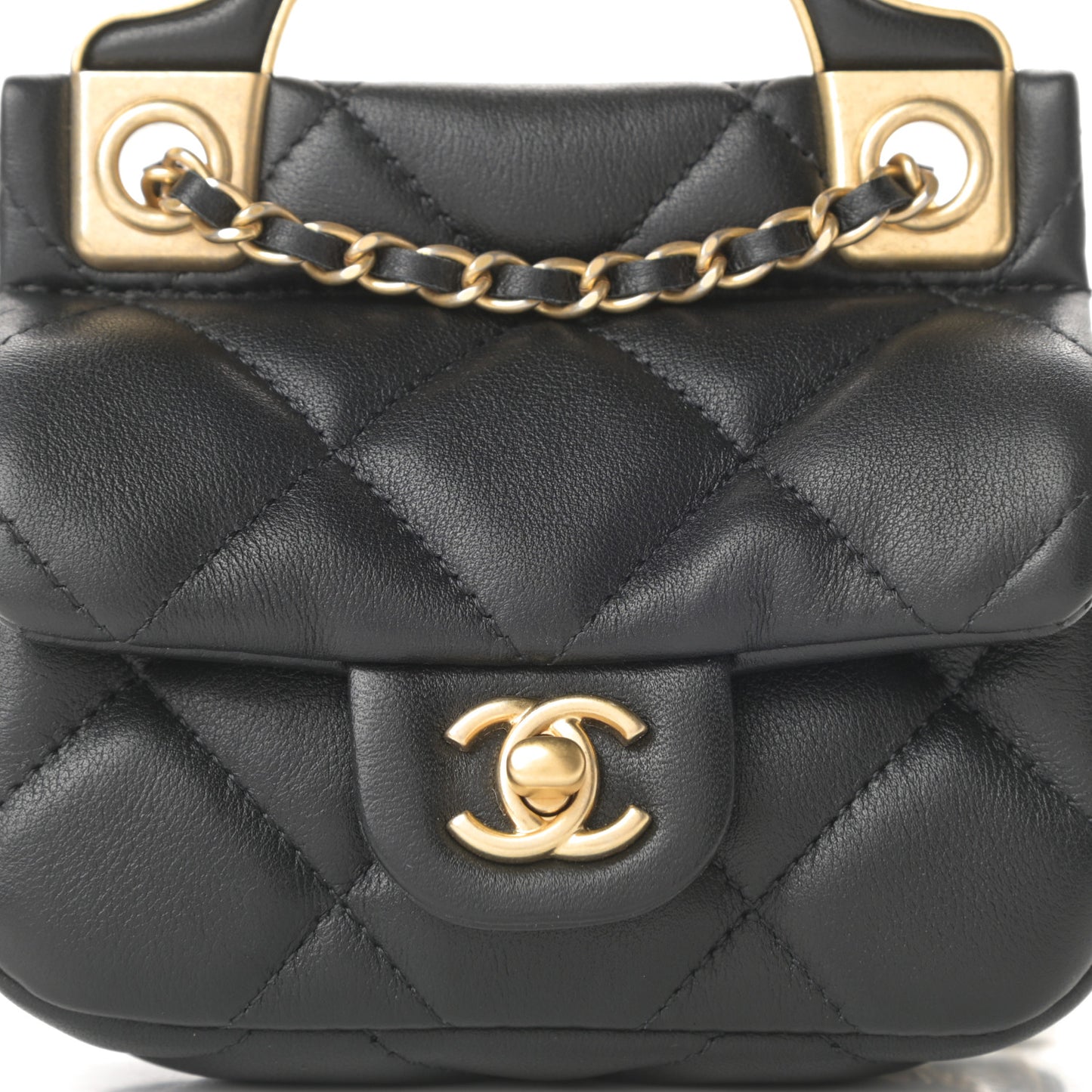 Calfskin Quilted Lady Handle Flap Card Holder With Chain Black