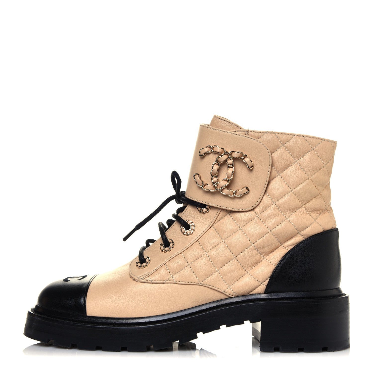 Chanel Lambskin Calfskin Quilted Lace Up Combat Boots Beige Black 1 of 6