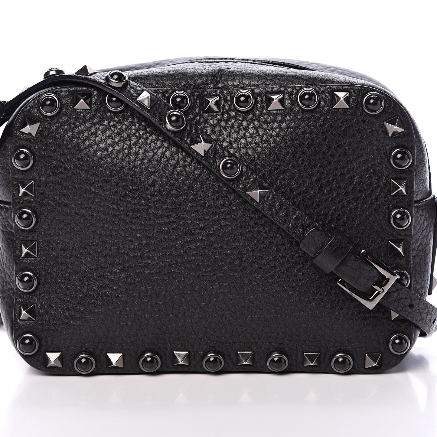 Grained Calfskin Onyx Rockstud Rolling Camera Crossbody Bag Black