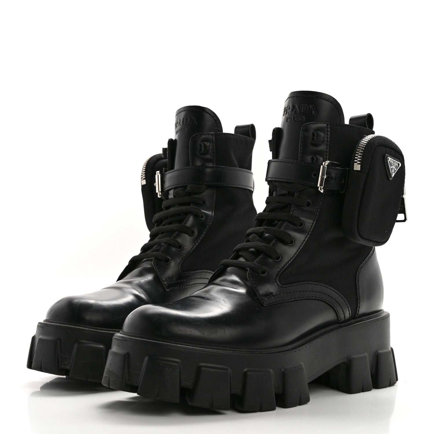 Prada Spazzolato Rois Re-Nylon Metal Triangle Logo Monolith Pouch Pocket 55mm Boots 38.5 Black 3 of 11