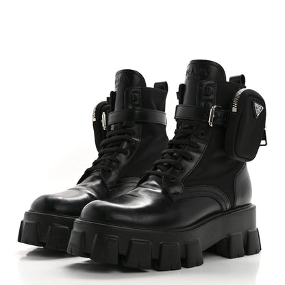 Prada Spazzolato Rois Re-Nylon Metal Triangle Logo Monolith Pouch Pocket 55mm Boots 38.5 Black 3 of 11