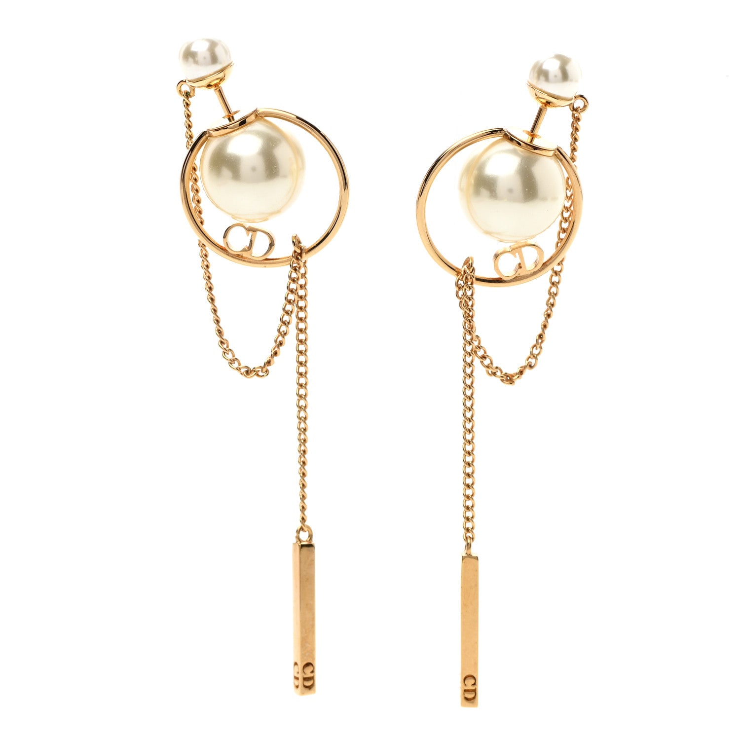 Christian Dior Pearl Tribales Dangle Chain Earrings Gold 1 of 4