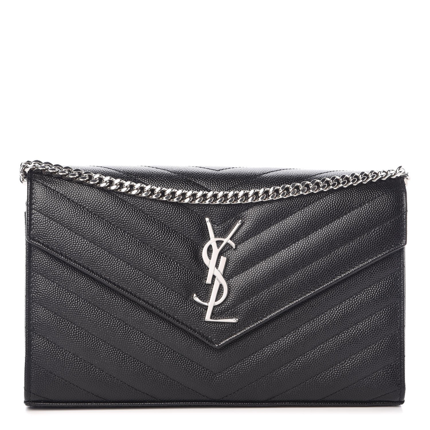 Saint Laurent Grain De Poudre Matelasse Chevron Monogram Chain Wallet Black 1 of 7