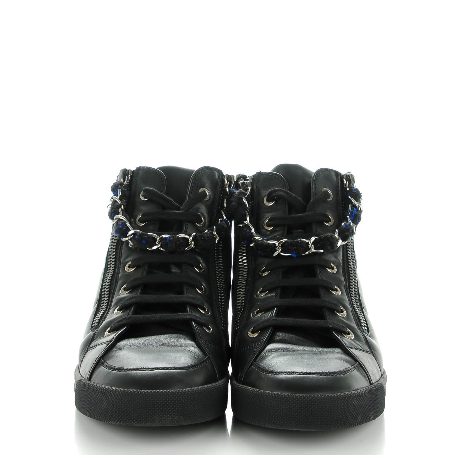 Chanel Lambskin Tweed Zipped Sneakers 38 Black Blue 2 of 9