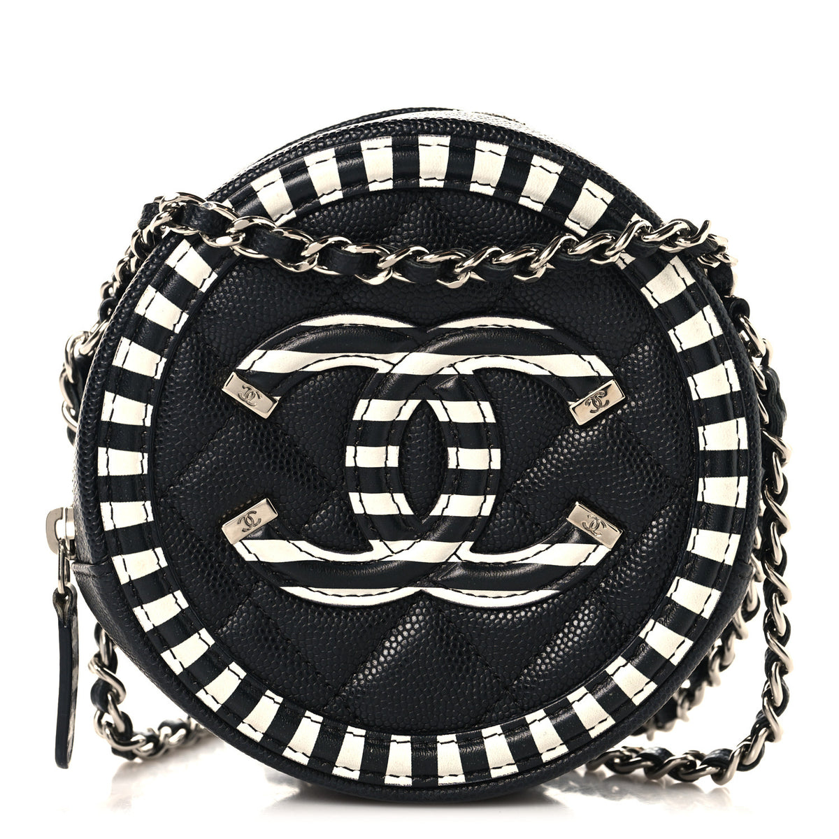 Chanel Caviar Quilted Filigree Round Clutch With Chain Black White 1 of 10
