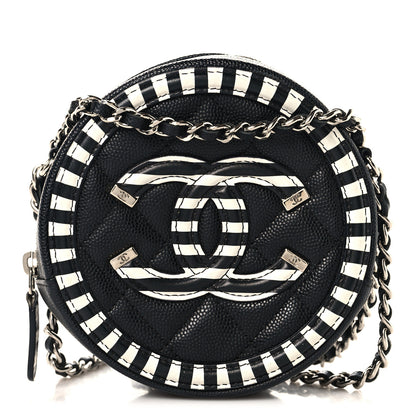 Chanel Caviar Quilted Filigree Round Clutch With Chain Black White 1 of 10