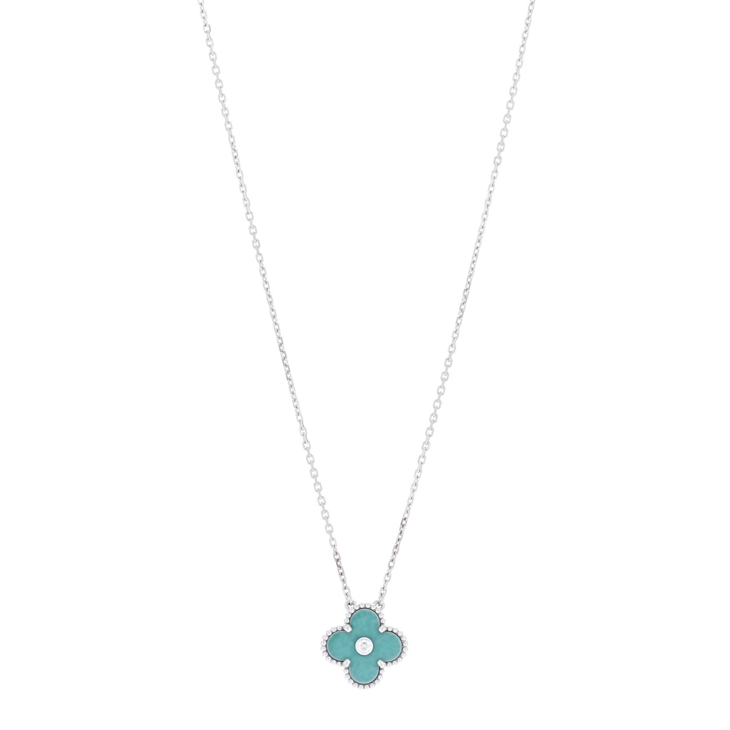 18K White Gold Diamond Celadon Green Sevres Porcelain Vintage Alhambra Pendant Necklace