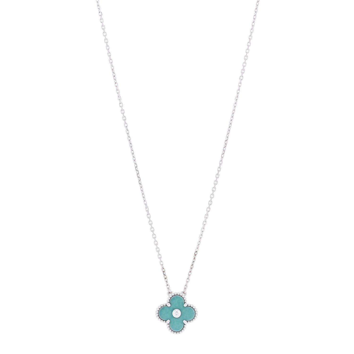 Van Cleef & Arpels 18K White Gold Diamond Celadon Green Sevres Porcelain Vintage Alhambra Pendant Necklace 1 of 4