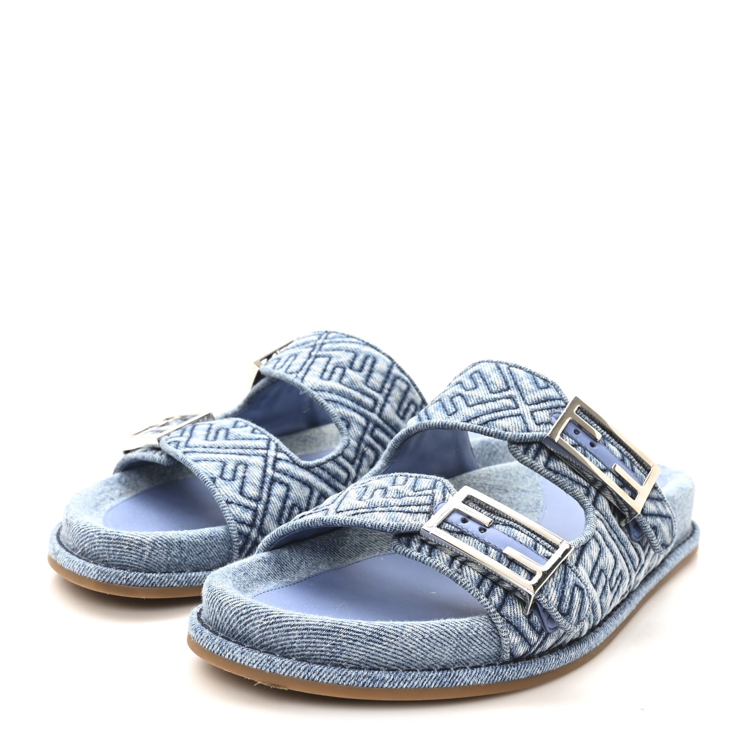 Denim FF Quilted Fendi Feel Buckled Slide Sandals 40 Blue